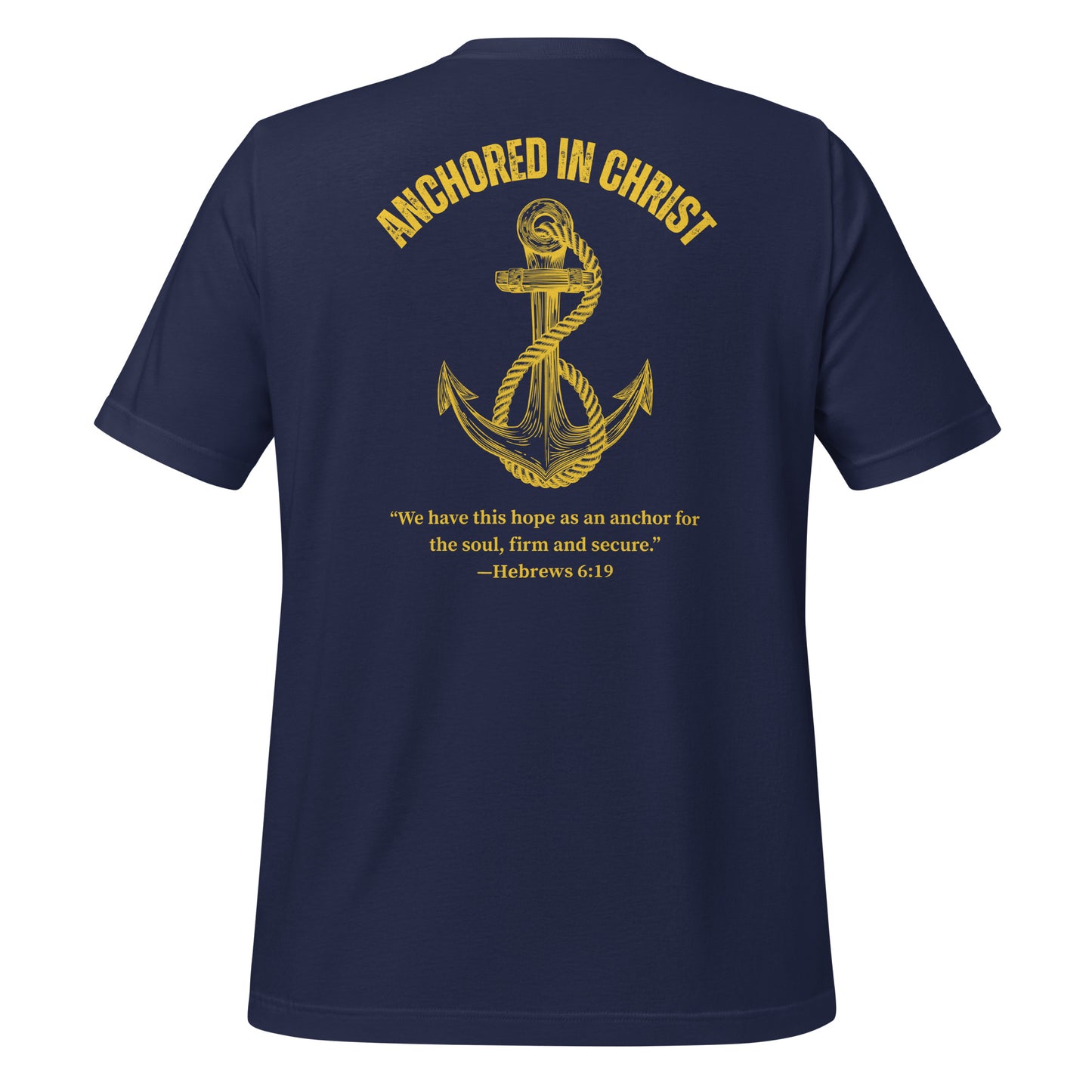 Back view of the Anchored in Christ – Deep Waters Edition tee, plain navy back.