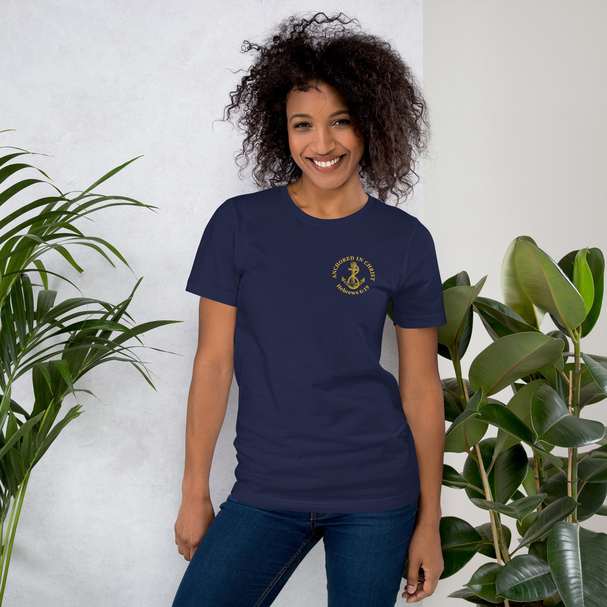 Female model lifestyle photo, front view wearing the Anchored in Christ – Deep Waters Edition tee.