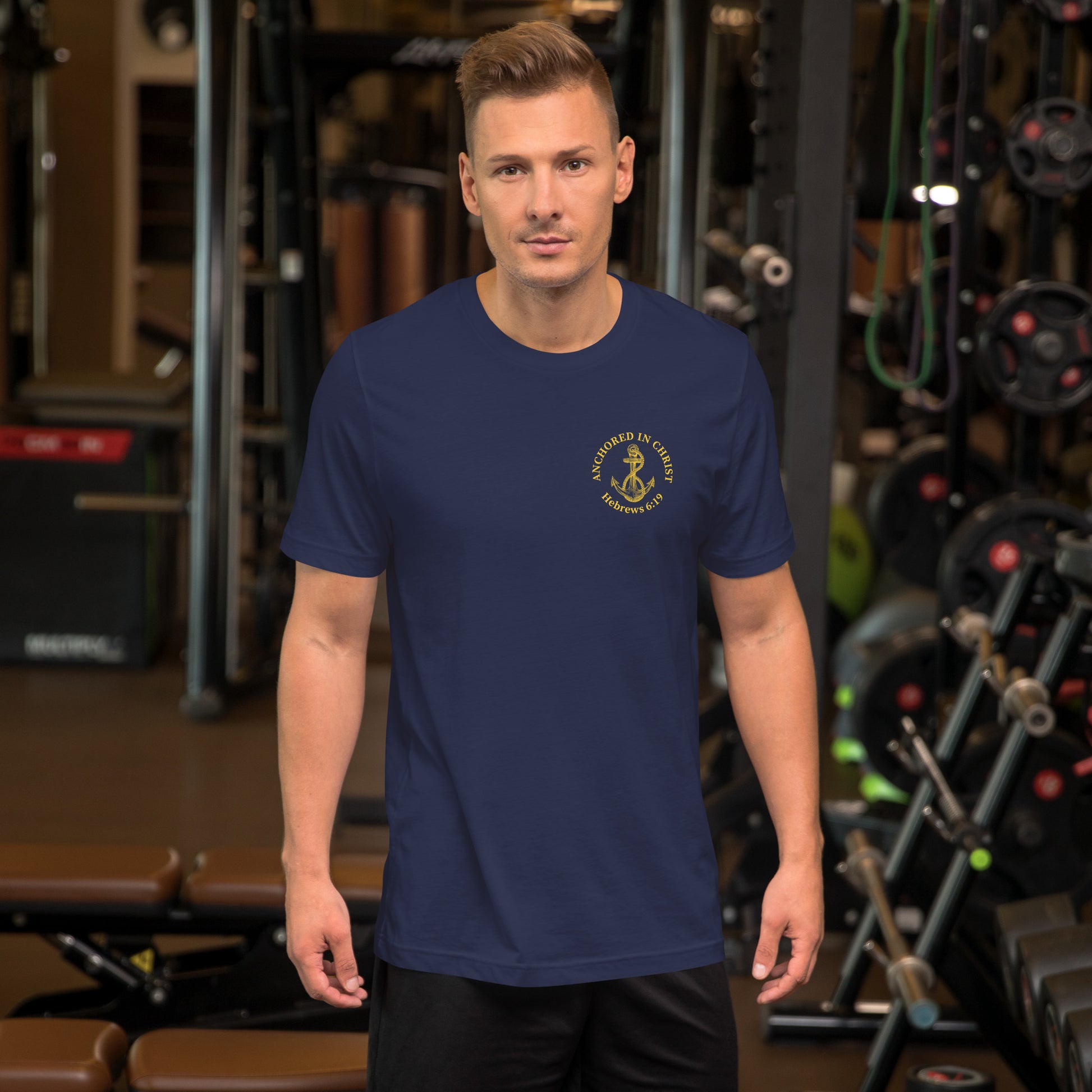 Male model lifestyle photo, front view wearing the Anchored in Christ – Deep Waters Edition tee.