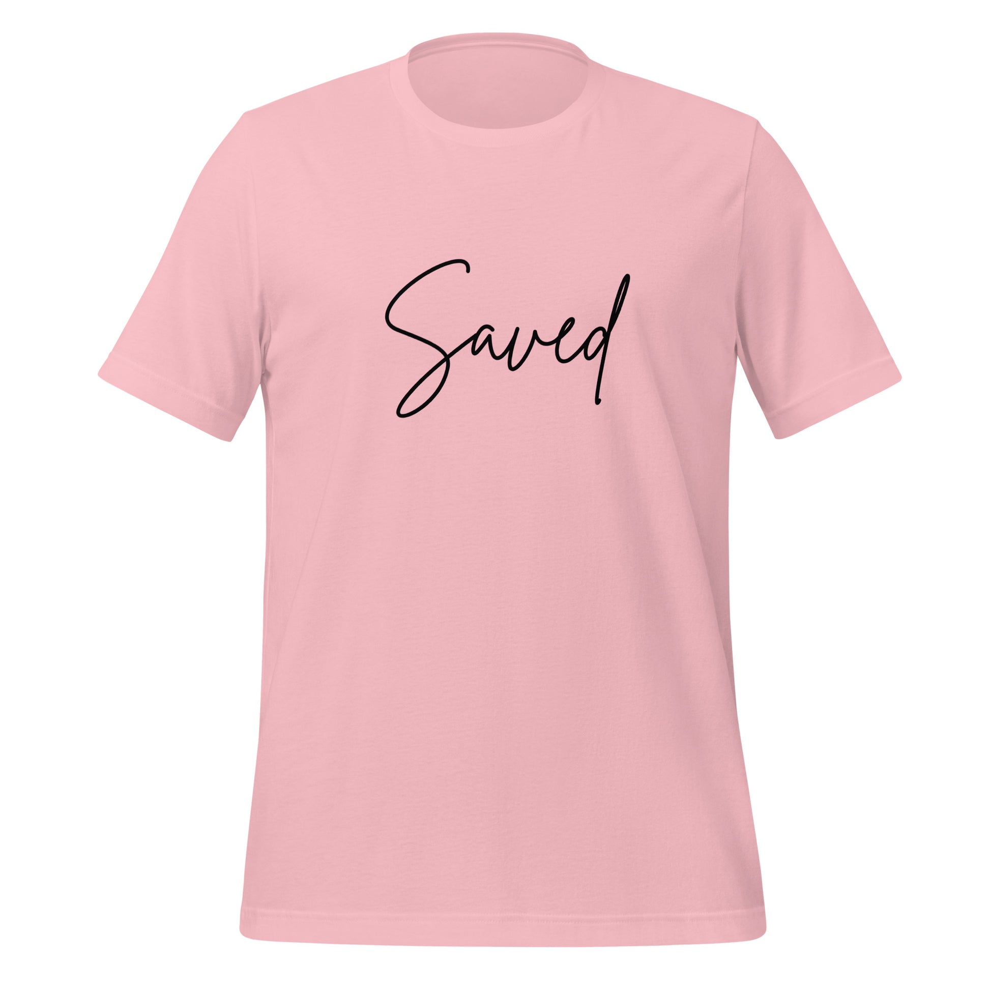 Front view of pink Christian t-shirt with “Saved” printed in elegant black script across the chest
