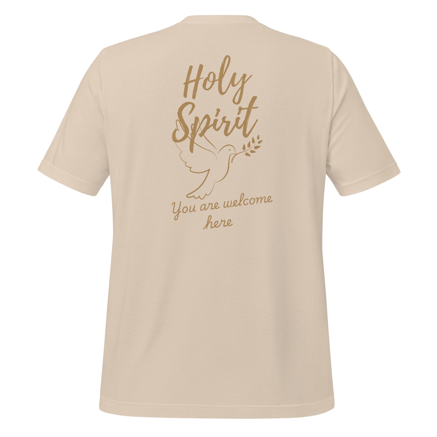 Cream-colored Holy Spirit t-shirt, back view with large “Holy Spirit” text, dove graphic, and “You Are Welcome Here” script – Christian apparel

