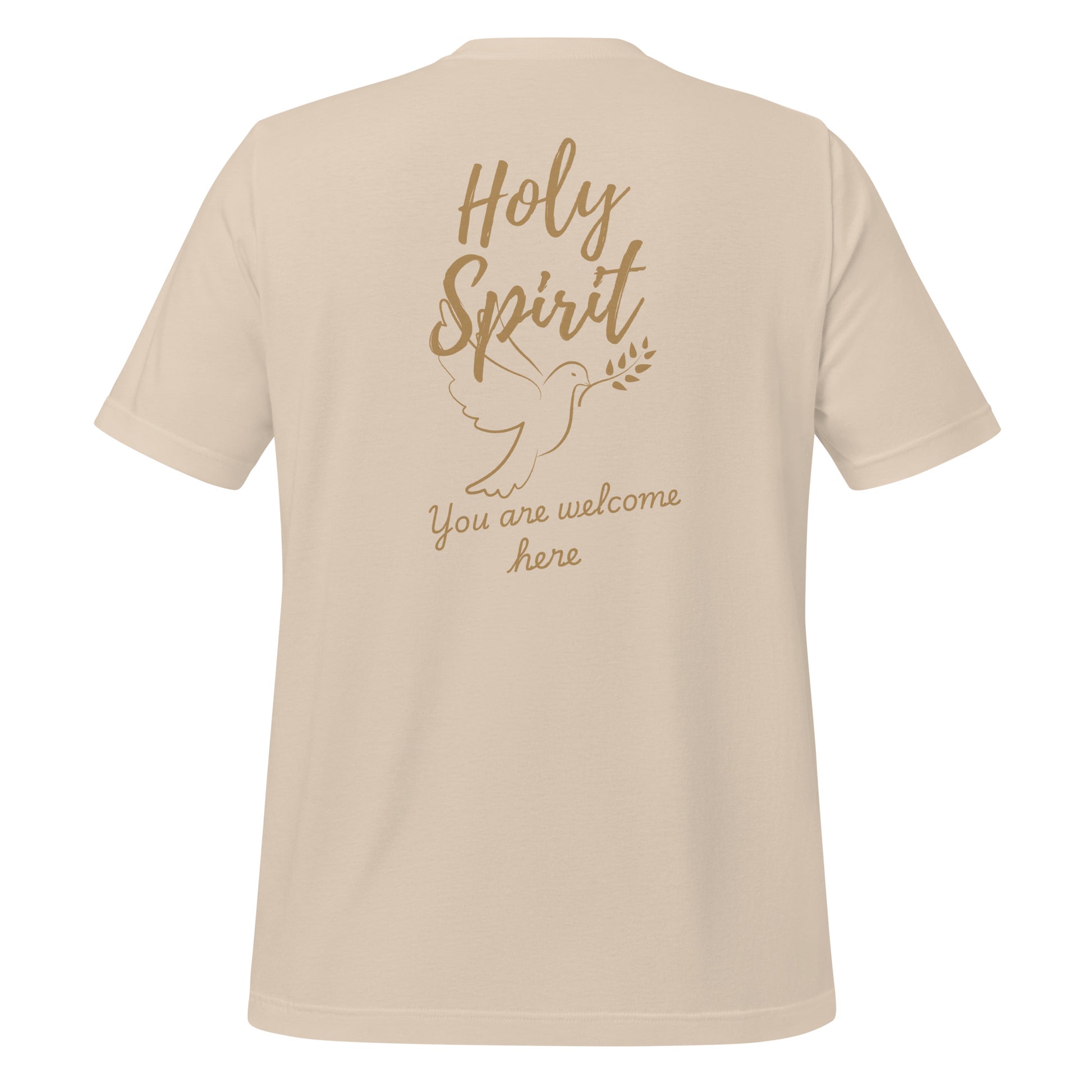 Cream-colored Holy Spirit t-shirt, back view with large “Holy Spirit” text, dove graphic, and “You Are Welcome Here” script – Christian apparel

