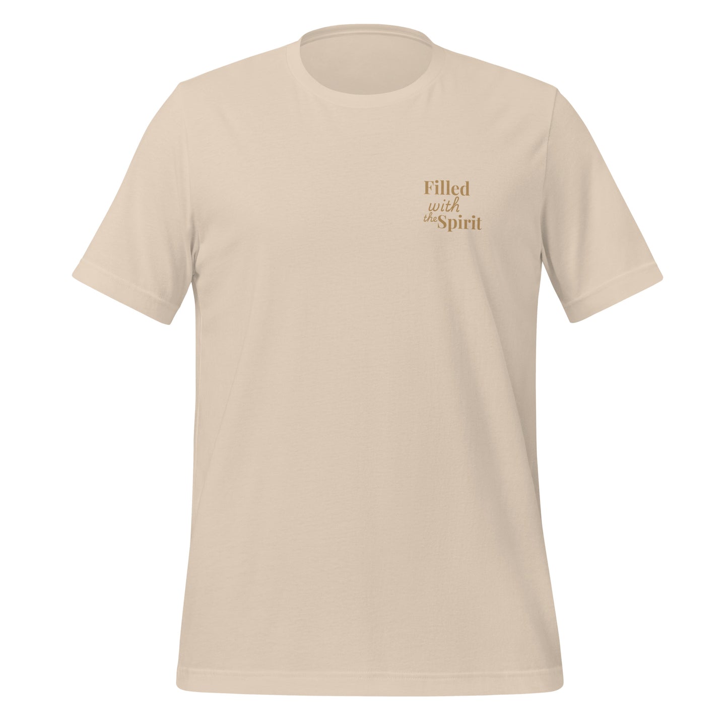 Cream-colored Holy Spirit t-shirt, front view with “Filled with the Spirit” text on left chest – faith-based praise and worship clothing
