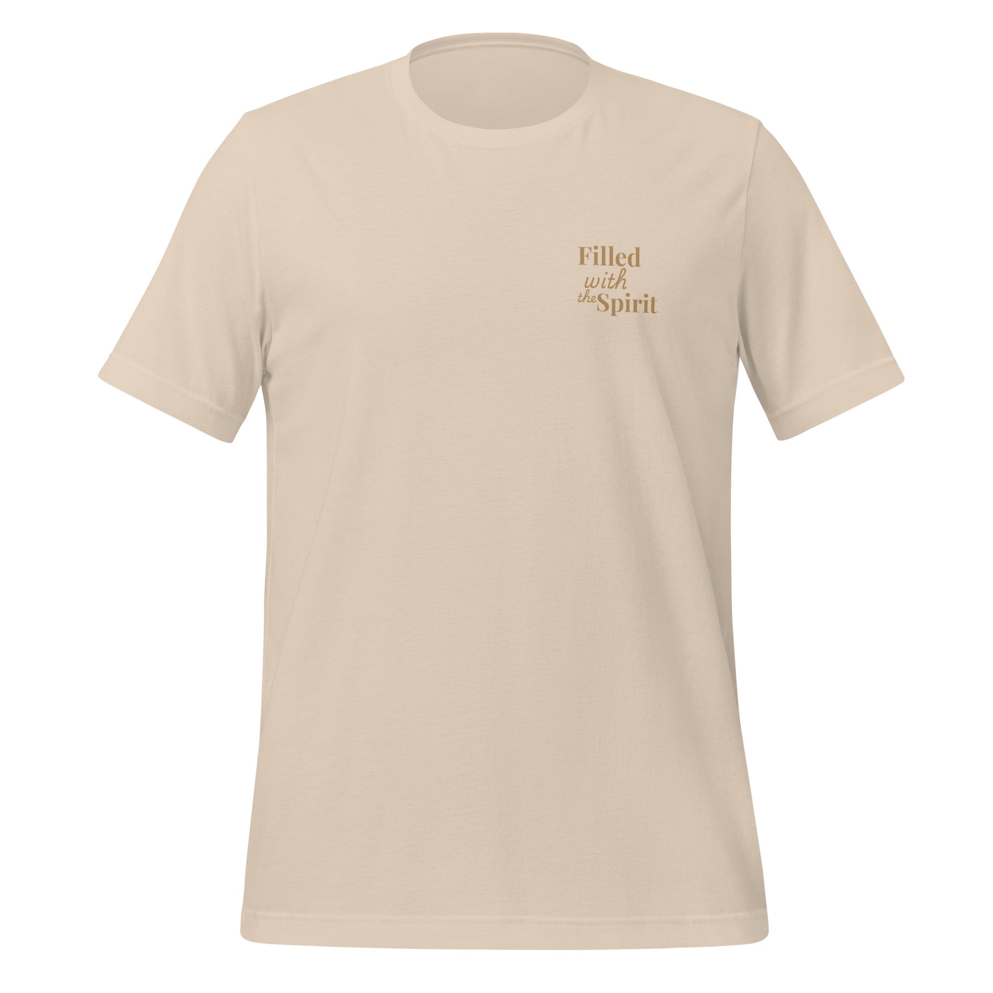 Cream-colored Holy Spirit t-shirt, front view with “Filled with the Spirit” text on left chest – faith-based praise and worship clothing
