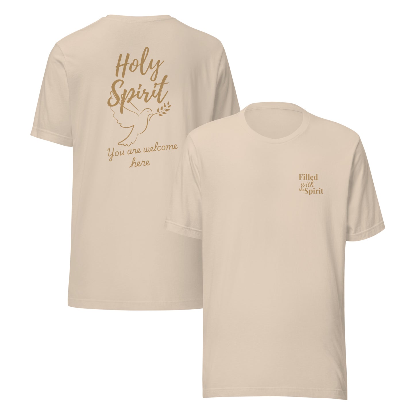 Cream-colored Holy Spirit t-shirt showing front with “Filled with the Spirit” text and back with large “Holy Spirit” print, dove graphic, and “You Are Welcome Here” script – Christian praise and worship apparel

