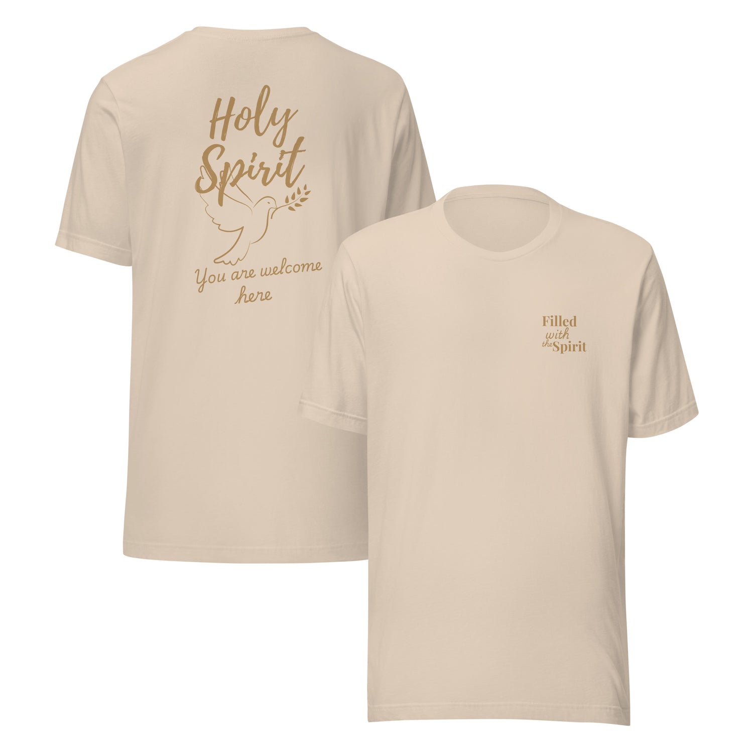 Cream-colored Holy Spirit t-shirt showing front with “Filled with the Spirit” text and back with large “Holy Spirit” print, dove graphic, and “You Are Welcome Here” script – Christian praise and worship apparel
