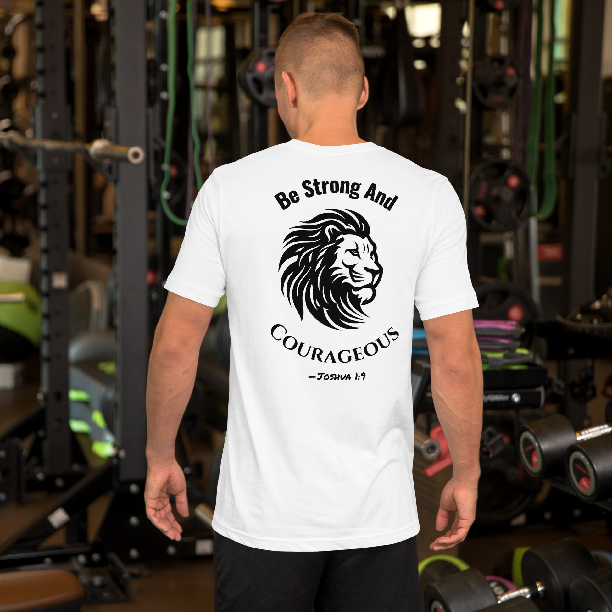 Back of white Christian t-shirt with lion head and Joshua 1:9 Bible verse – “Be Strong and Courageous”