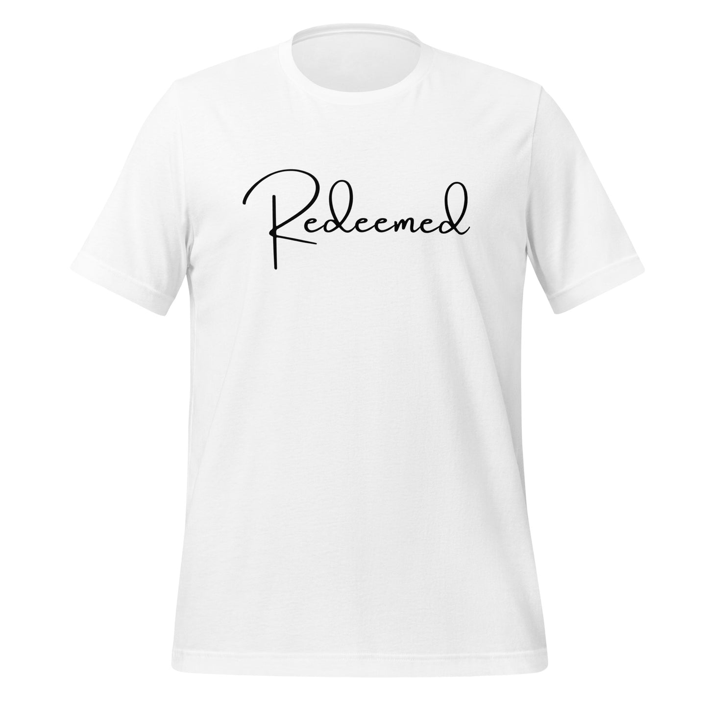 Front view of Redeemed T-shirt in white with minimalist black text and subtle gospel message.

