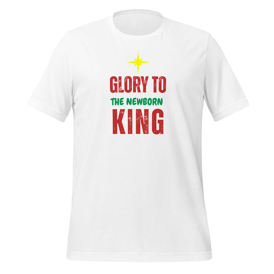 Cranberry and green Glory to the Newborn King Christmas Tee with centered star and Luke 2:14 reference – Christian Christmas shirt by Always Faithful.
