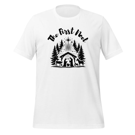 Adult white Christian Christmas tee with black nativity design and The First Noel text inspired by Luke 2:11.
