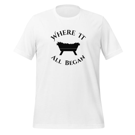 White “The Manger Story – Where It All Began” Christian Christmas tee with manger design printed in black