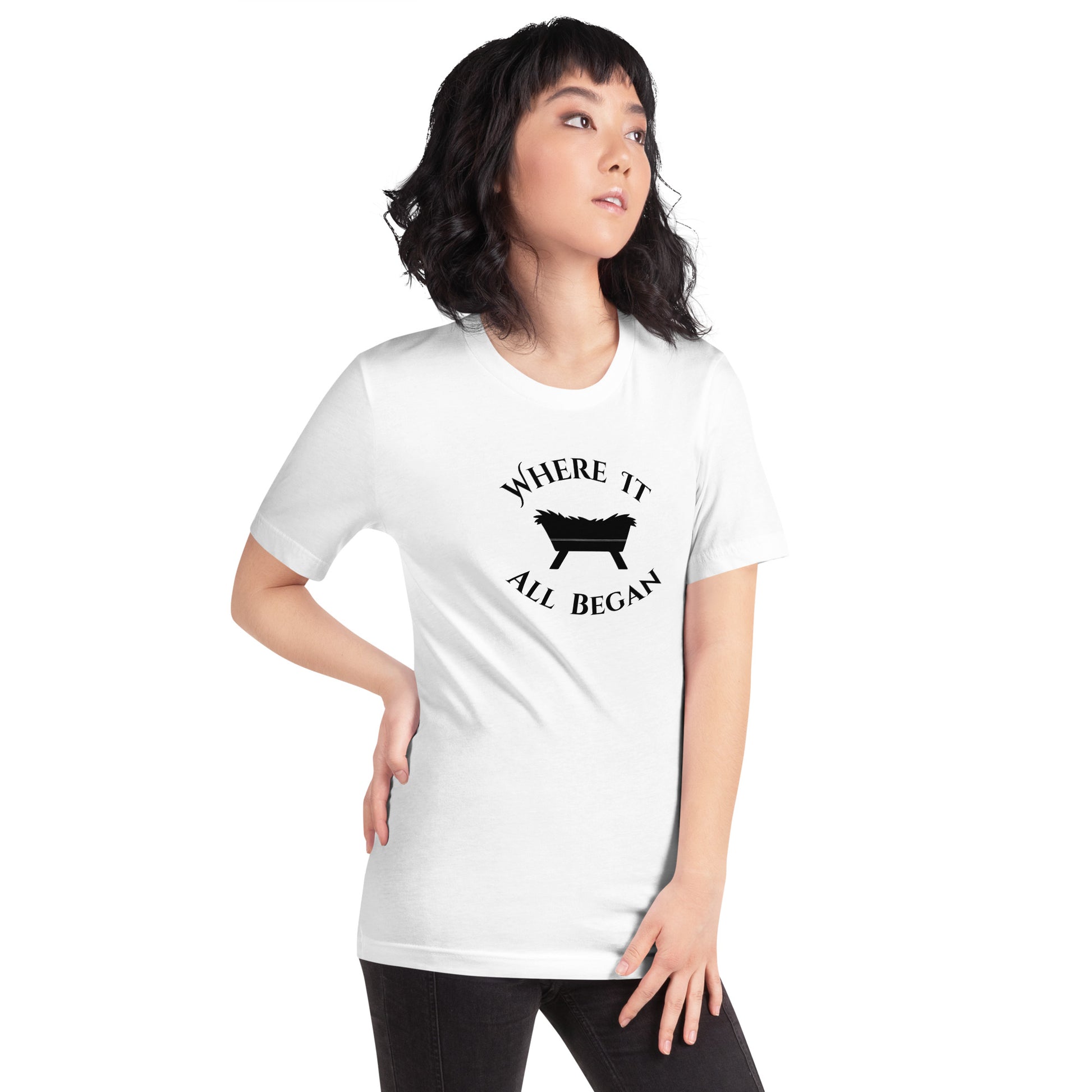 Woman wearing white “The Manger Story – Where It All Began” Christian tee from Always Faithful Christmas Collection