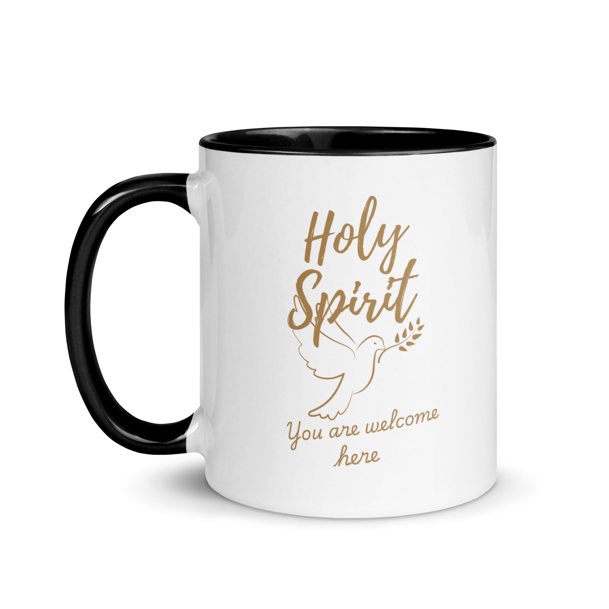 11oz Holy Spirit “You Are Welcome Here” Christian mug featuring dove graphic, white ceramic with black interior and handle – handle left side view

