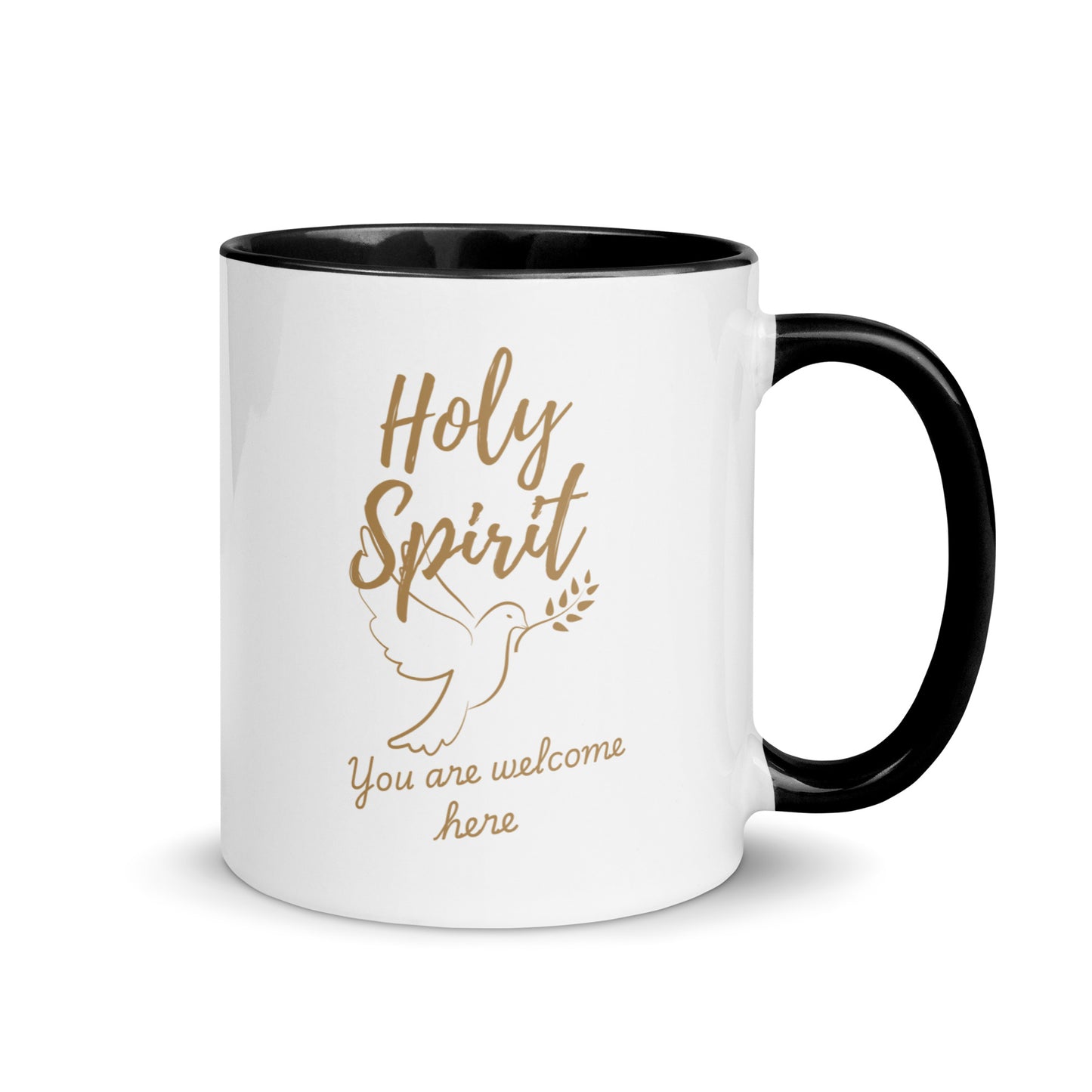 11oz Holy Spirit Christian coffee mug with dove and “You Are Welcome Here” design, white ceramic with black handle and black interior – handle right side view
