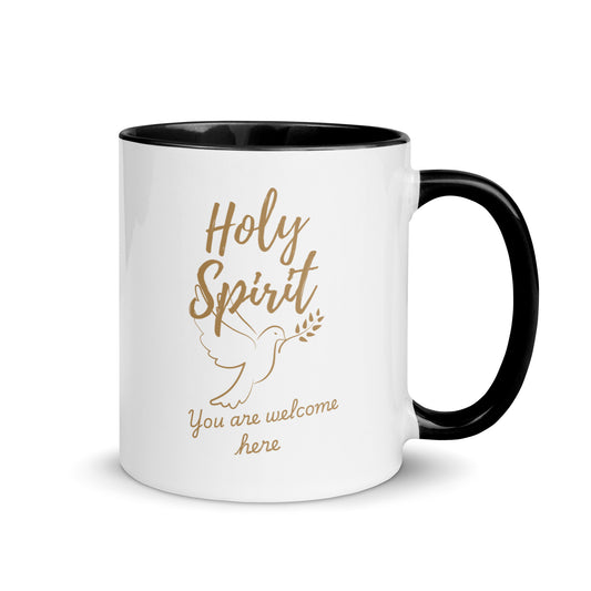 11oz Holy Spirit Christian coffee mug with dove and “You Are Welcome Here” design, white ceramic with black handle and black interior – handle right side view
