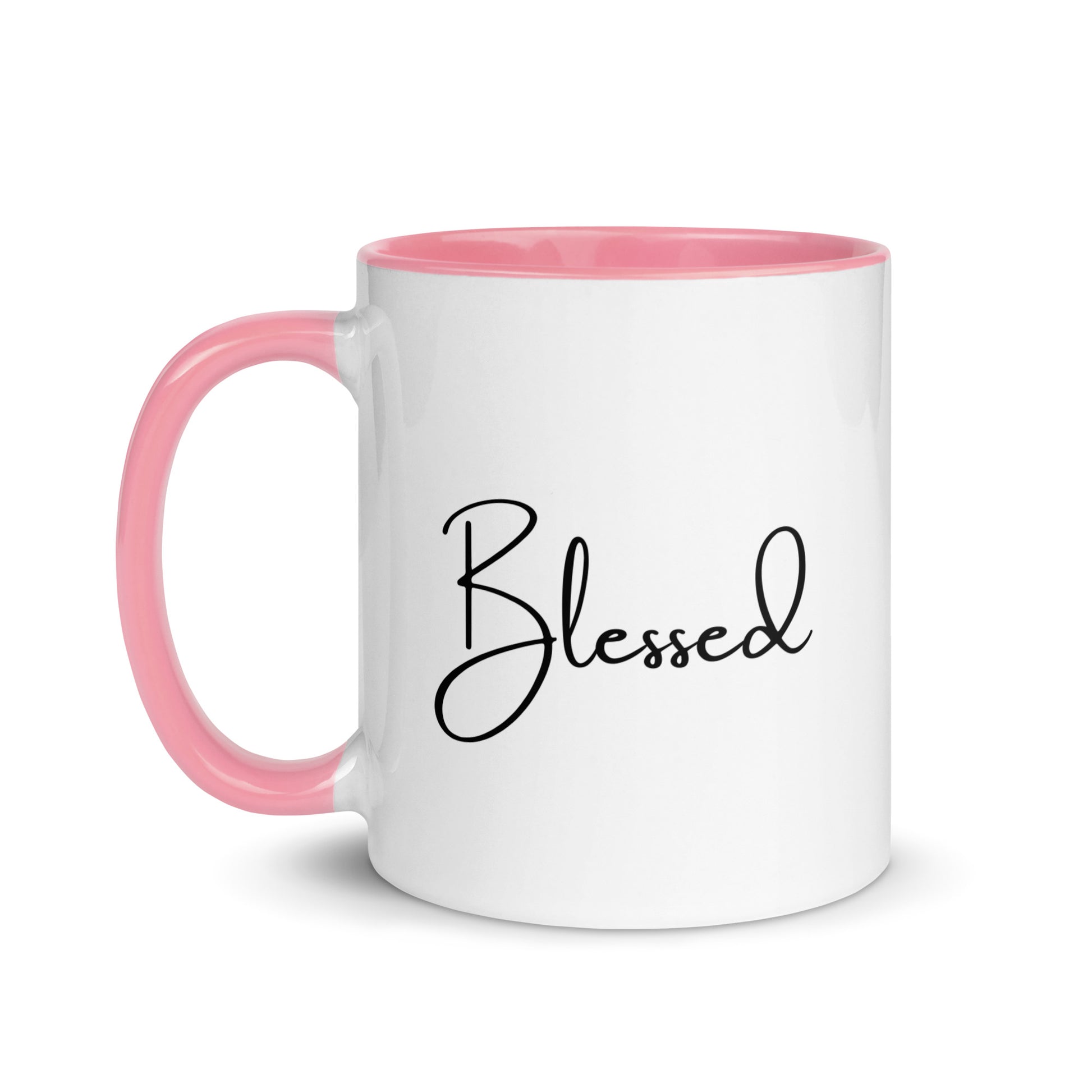 Blessed Mug with handle on left side – white ceramic mug with pink handle and interior, script Blessed design