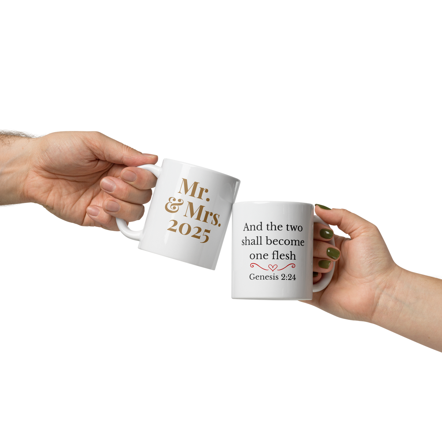 Couple clinking Christian mugs showing Mr. & Mrs. 2025 front and Genesis 2:24 back
