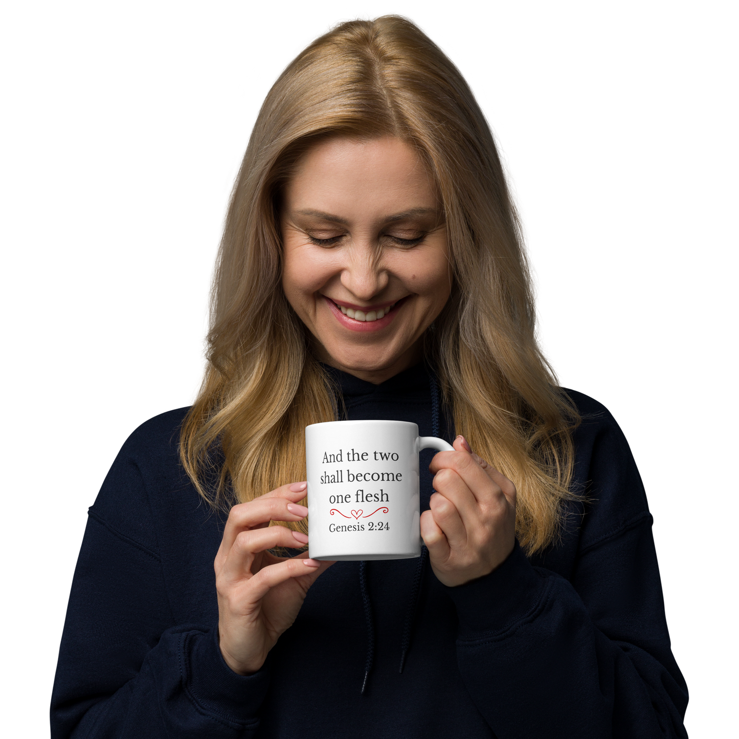 Lifestyle photo of woman holding Christian marriage mug showing Genesis 2:24 verse