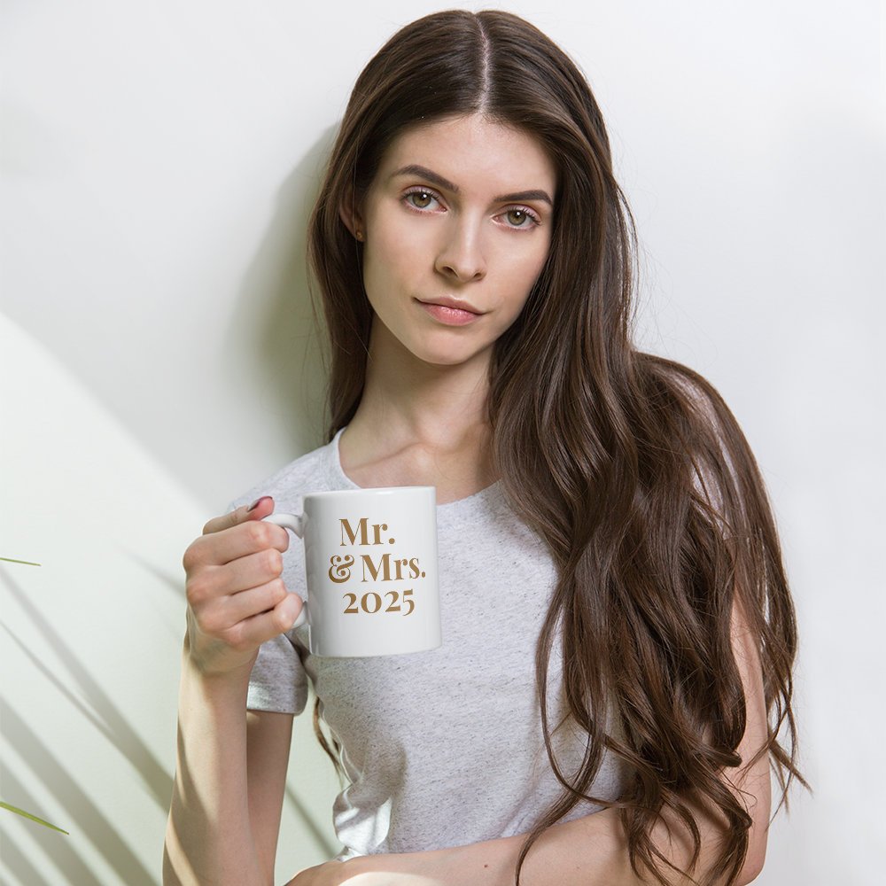 Lifestyle photo of Mr. & Mrs. 2025 Christian mug front design for married couples