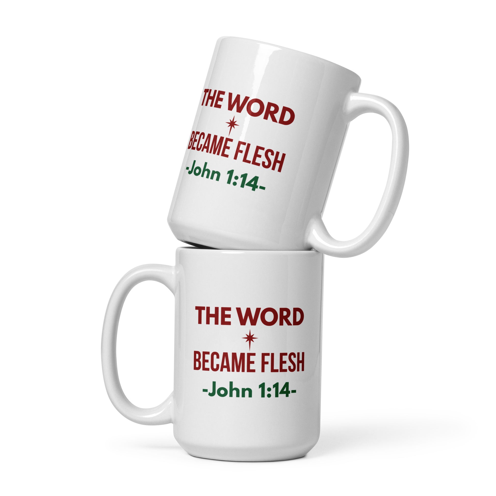 Stacked “The Word Became Flesh” mugs displaying both sides of the design