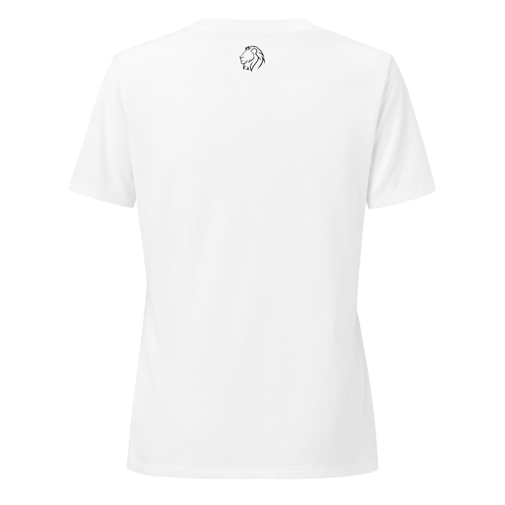 Back view of Heavenly Host women’s white V-neck with Always Faithful lion logo
