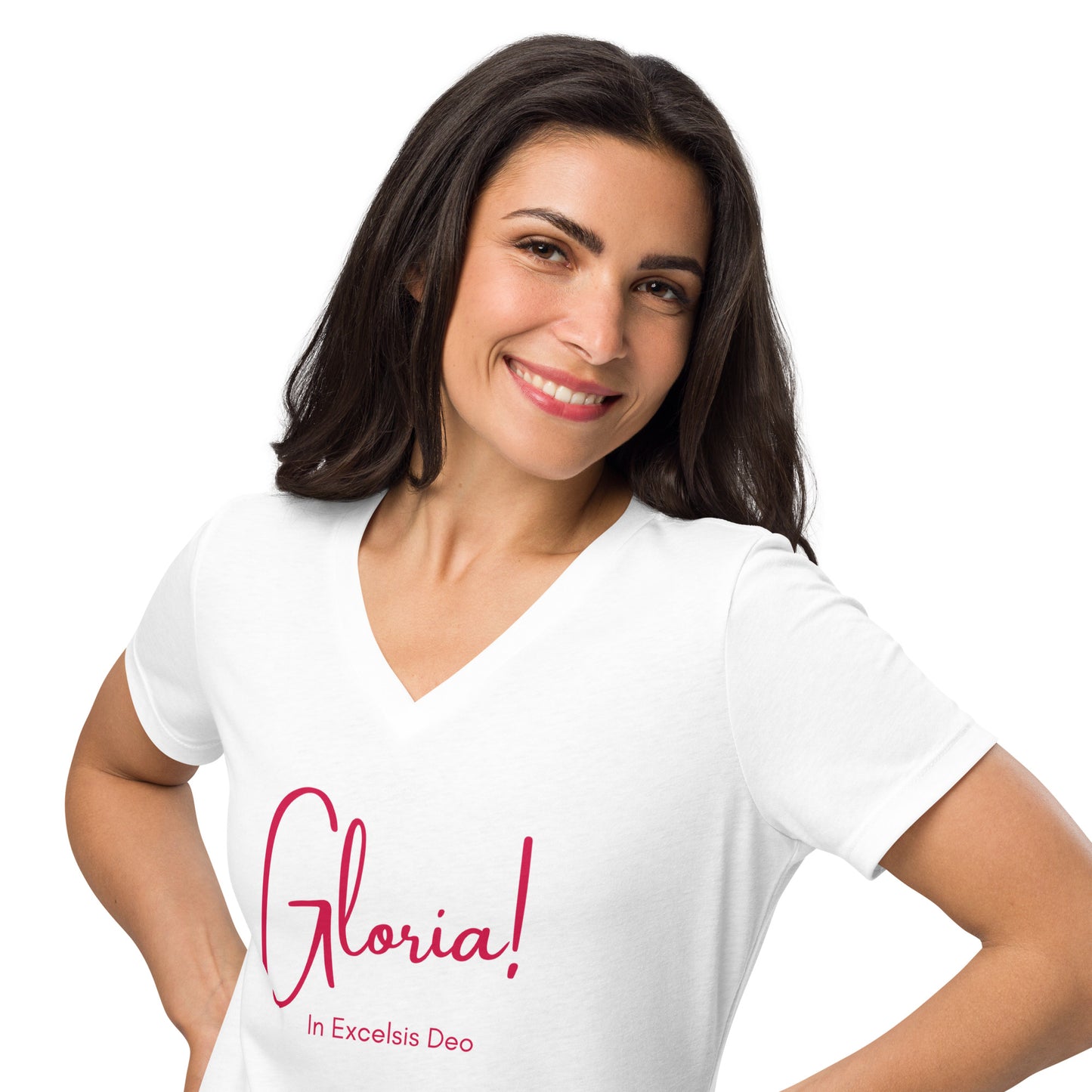Model front three-quarter view wearing Gloria! In Excelsis Deo Women’s V-Neck