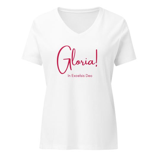 Front view of Gloria! In Excelsis Deo Women’s V-Neck in white with crimson print