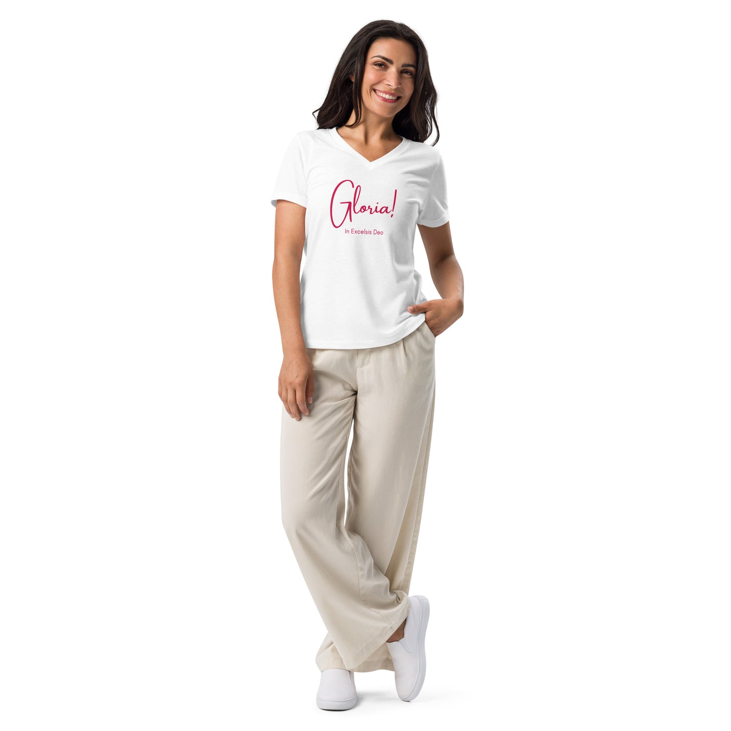 Lifestyle full front body view of woman in comfy pants wearing Gloria! In Excelsis Deo Christmas tee