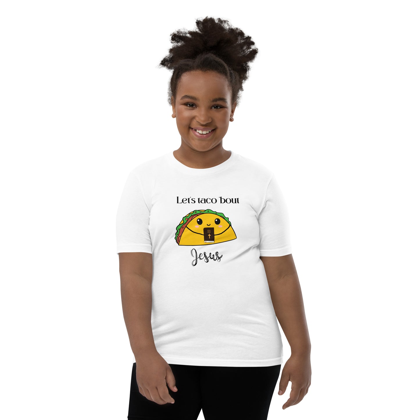 Girl wearing Christian kids t-shirt – Let’s Taco ’Bout Jesus design with taco holding Bible, front view
