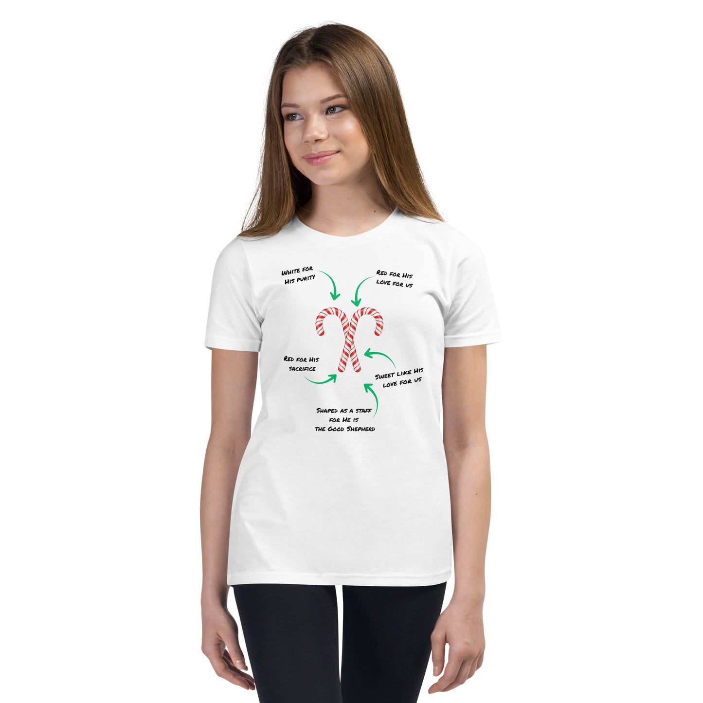 Female youth wearing Candy Cane Meaning shirt during holiday season
