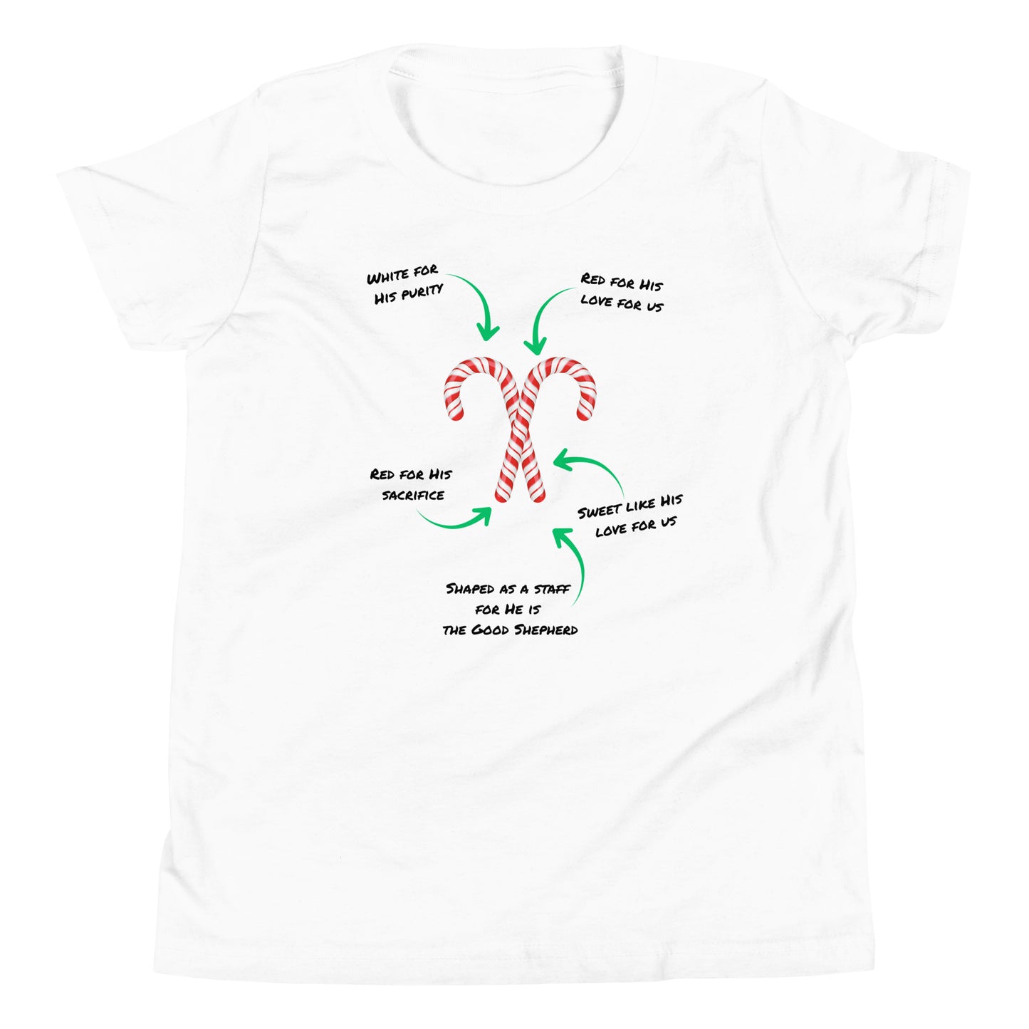 Front view of Candy Cane Meaning Youth Christmas Tee
