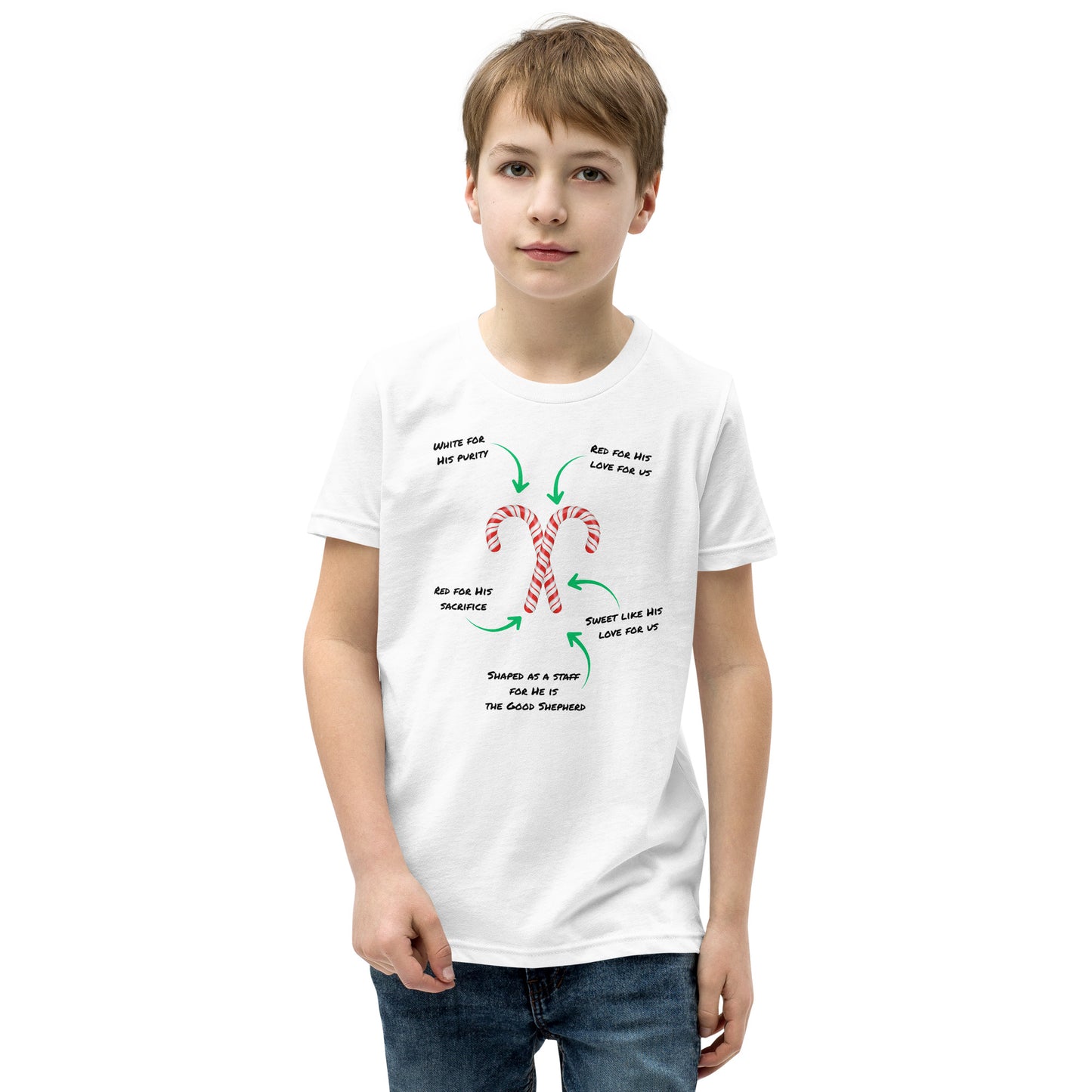 Male youth wearing Candy Cane Meaning shirt during holiday season